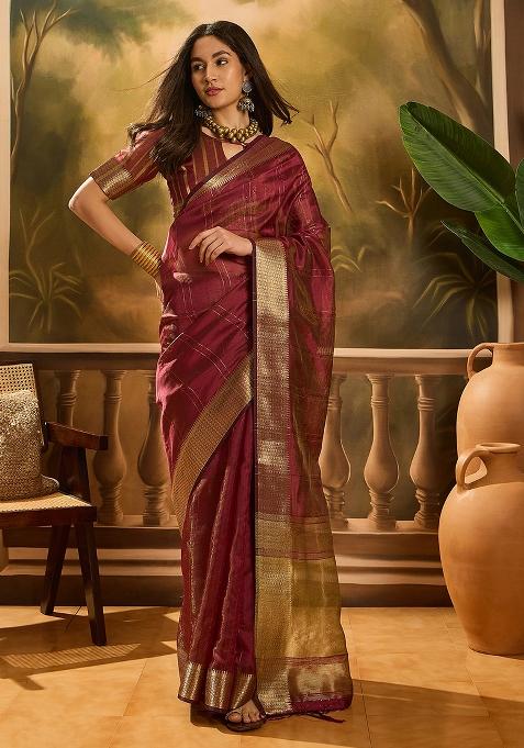 Wine Embroidered Organza Saree Set