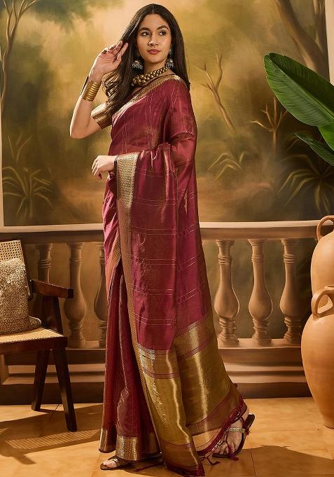 Wine Embroidered Organza Saree Set