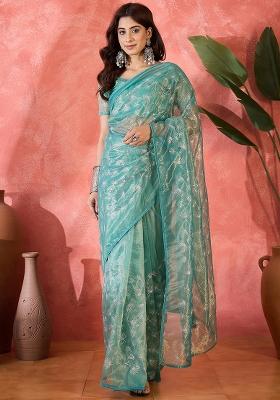 Blue Embroidered Net Saree Set
