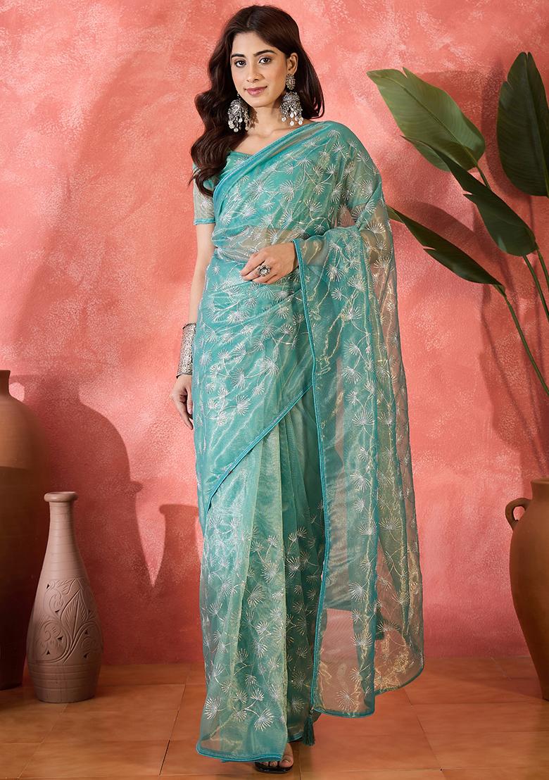 Blue Embroidered Net Saree Set
