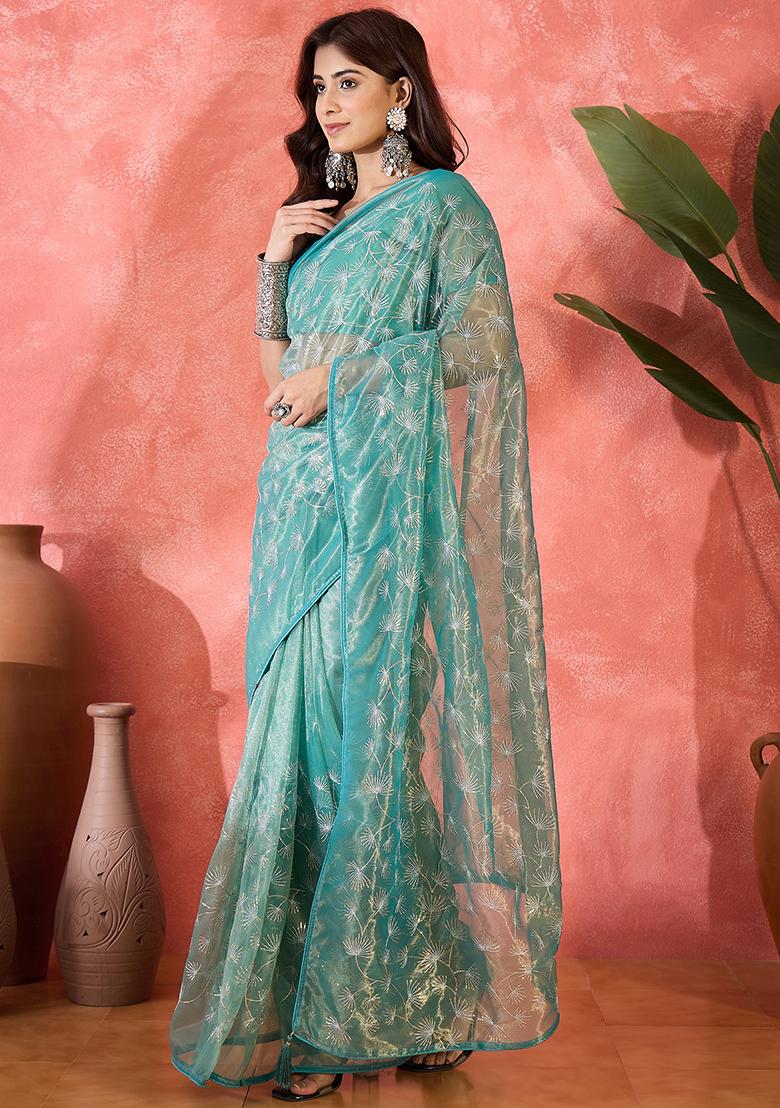 Blue Embroidered Net Saree Set - Indya