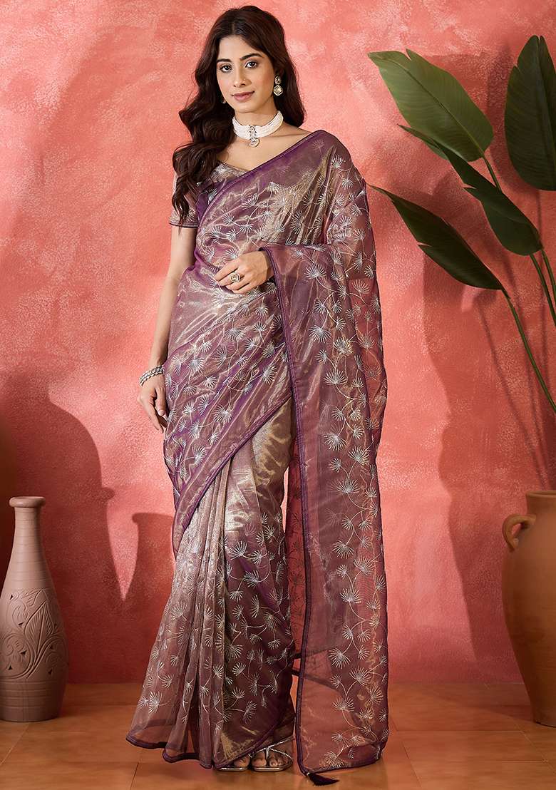 Purple Embroidered Net Saree Set - Indya