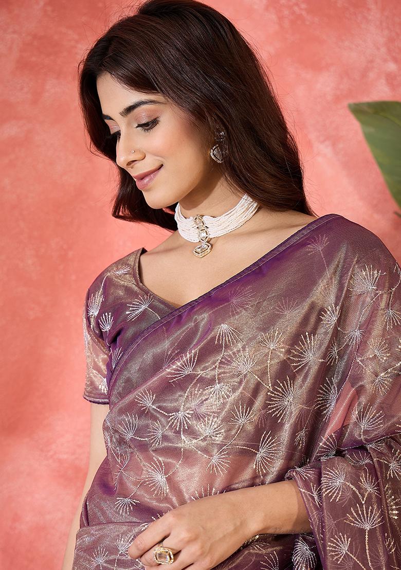Purple Embroidered Net Saree Set - Indya
