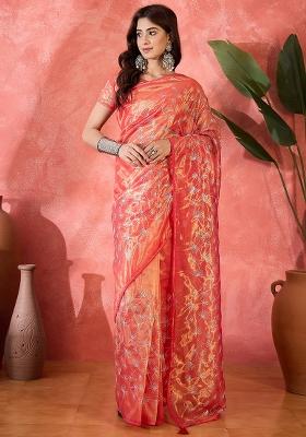 Red Embroidered Net Saree Set