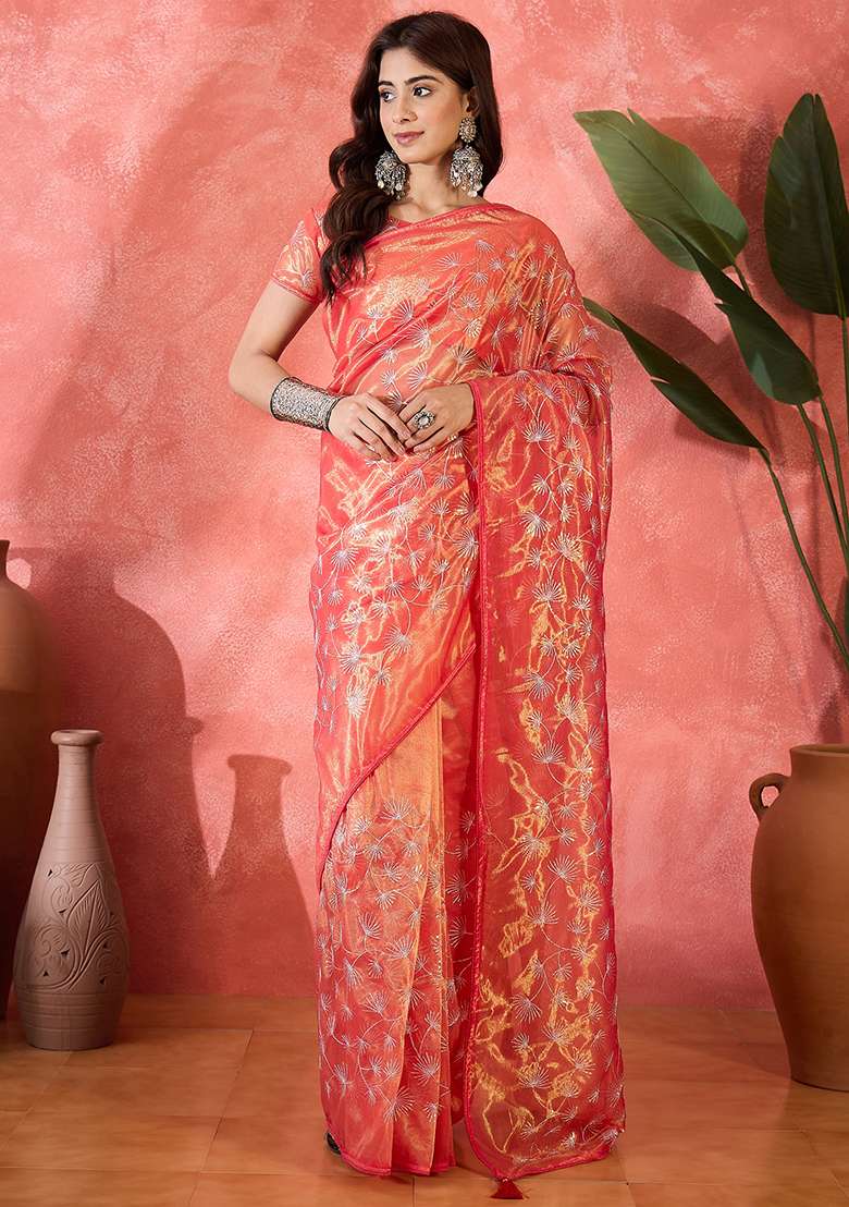 Red Embroidered Net Saree Set - Indya