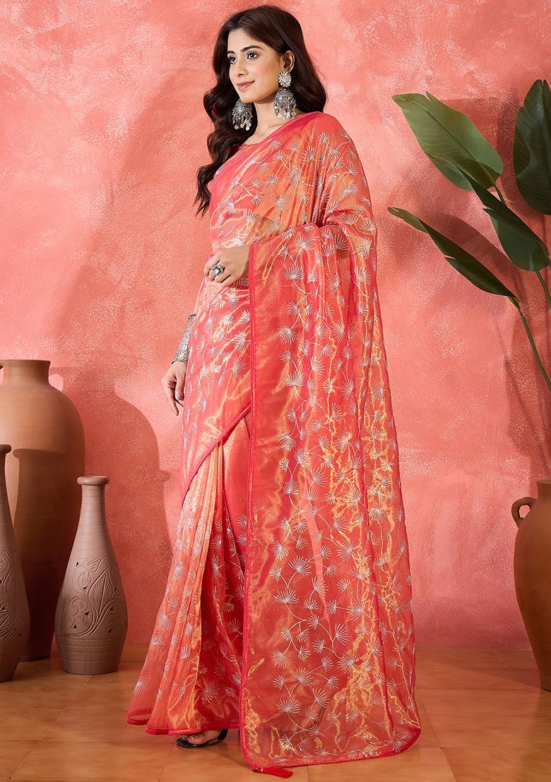 Red Embroidered Net Saree Set - Indya