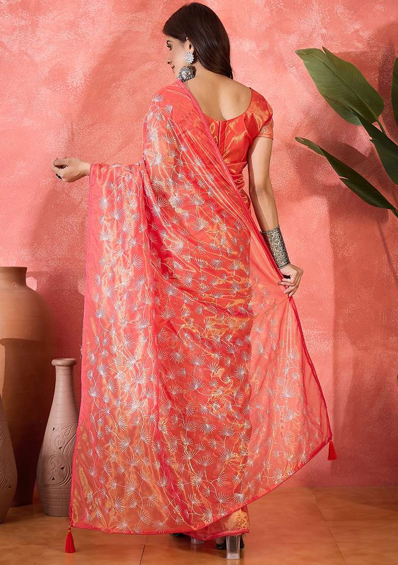 Red Embroidered Net Saree Set - Indya