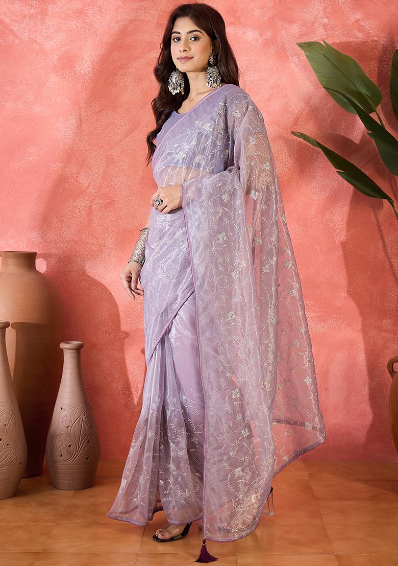 Purple Embroidered Net Saree Set - Indya