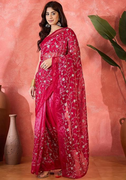 Purple Embroidered Net Saree Set