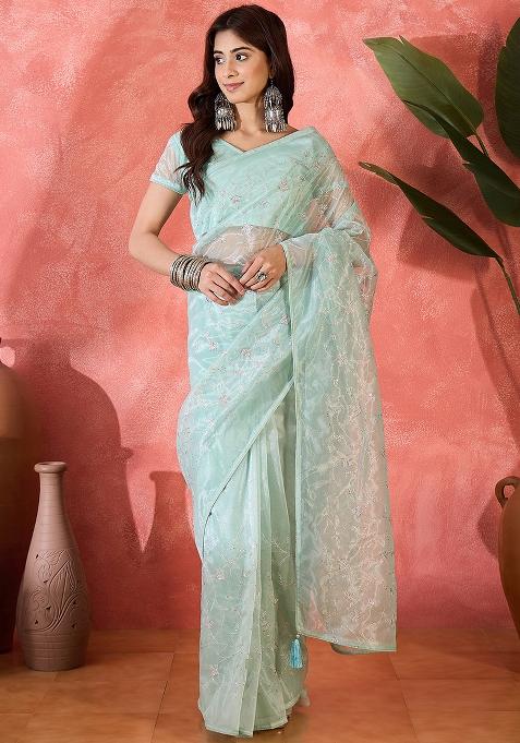 Green Embroidered Net Saree Set
