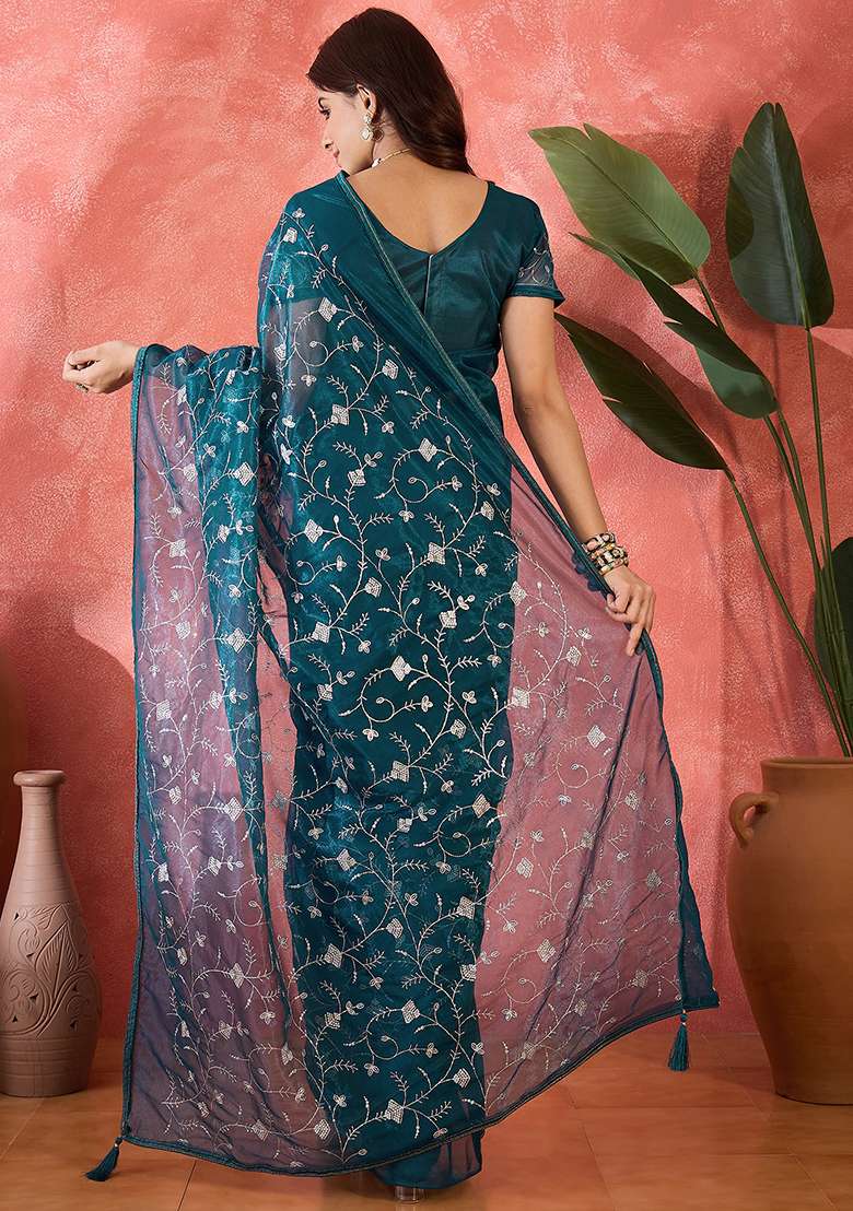 Blue Embroidered Net Saree Set - Indya