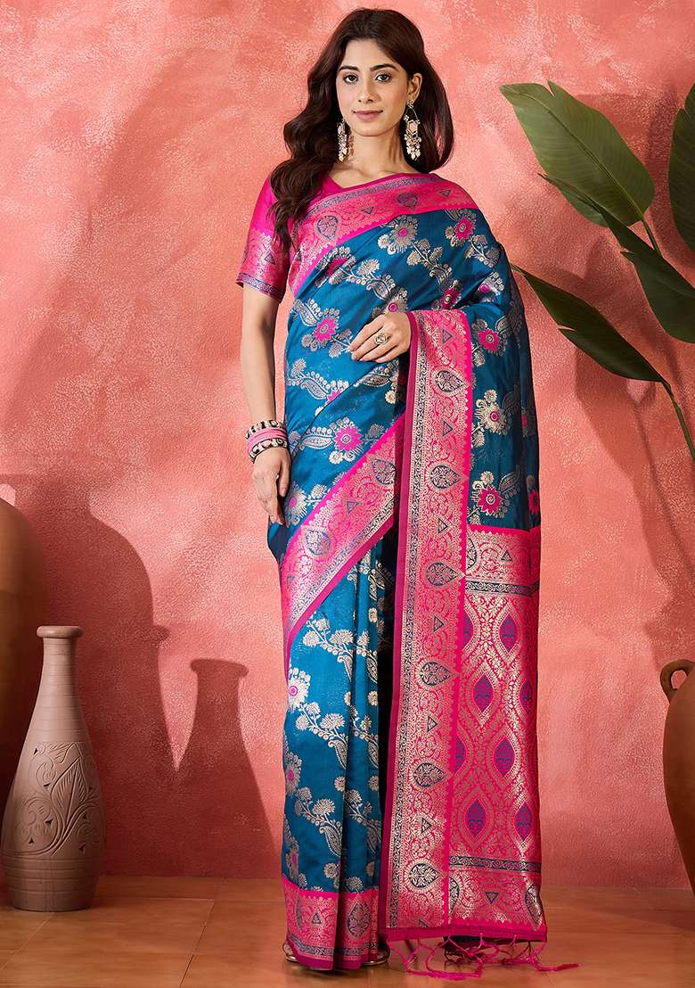 Blue Embroidered Silk Blend Saree Set - Indya