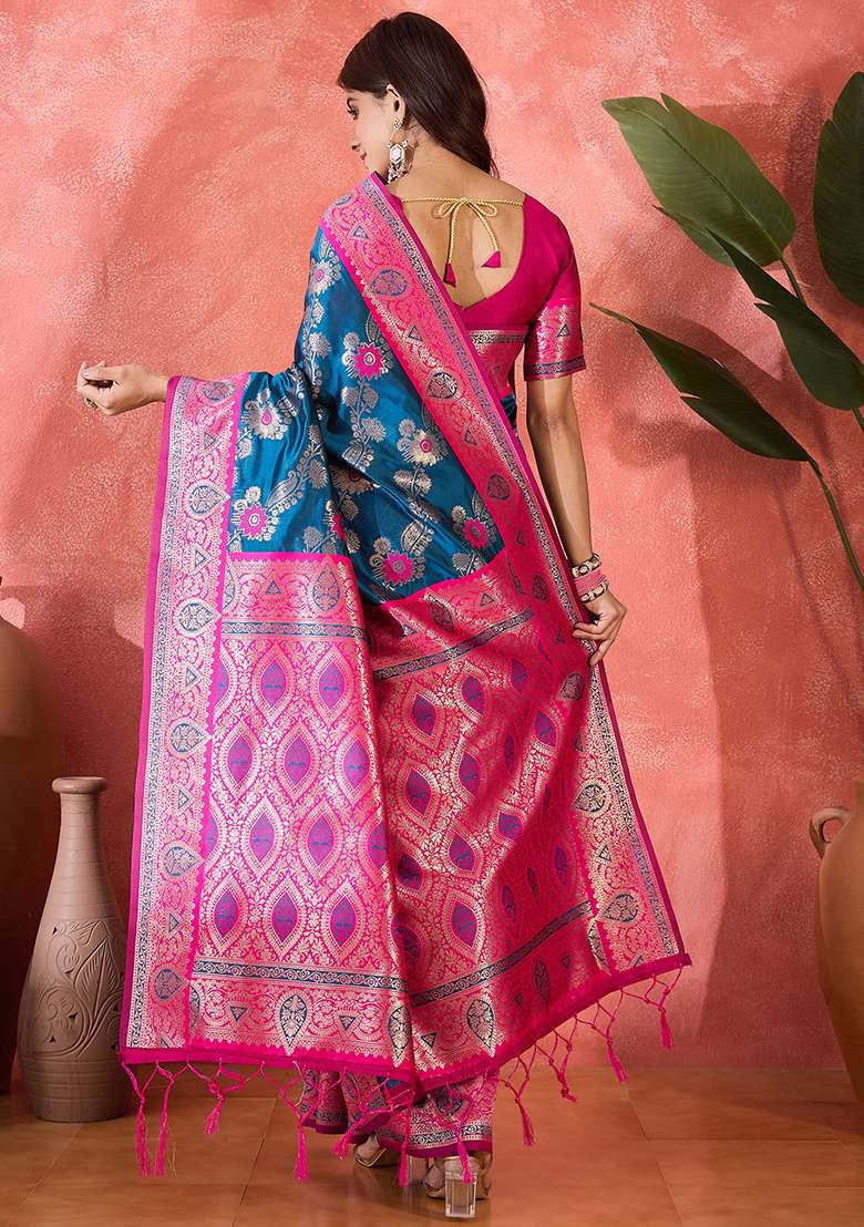 Blue Embroidered Silk Blend Saree Set - Indya