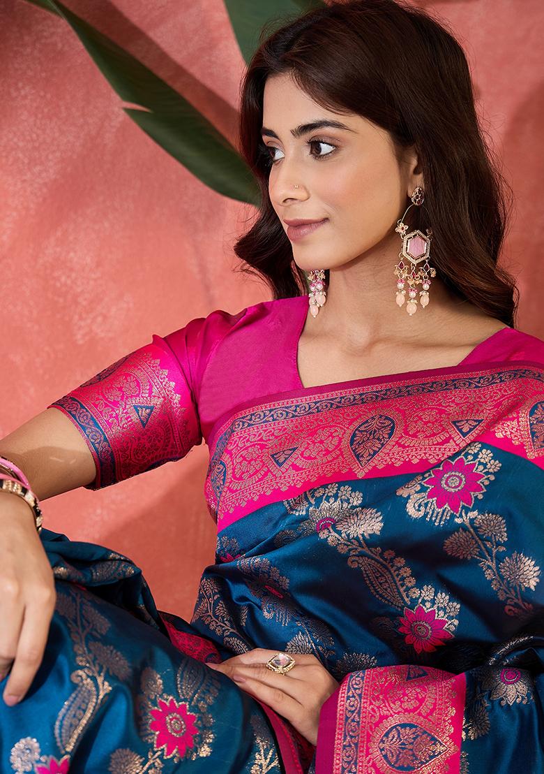 Blue Embroidered Silk Saree Set - Indya