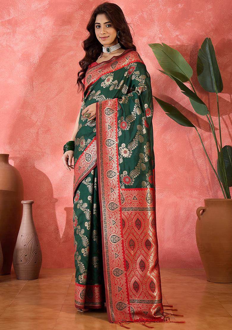 Green Embroidered Silk Saree Set - Indya