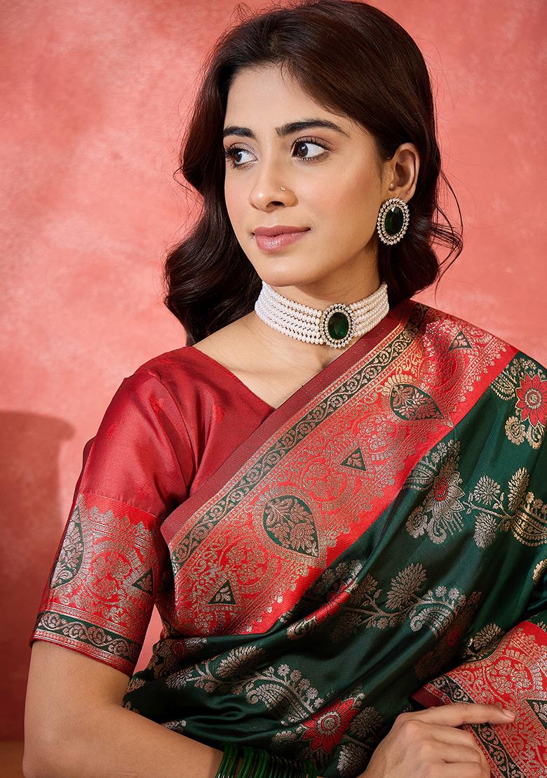 Green Embroidered Silk Saree Set - Indya