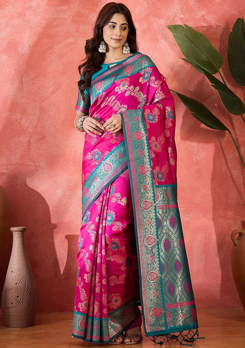 Purple Embroidered Silk Saree Set - Indya