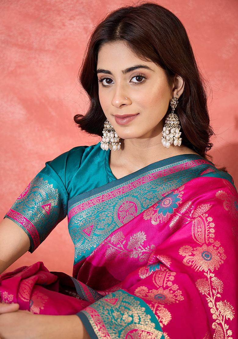 Purple Embroidered Silk Saree Set - Indya