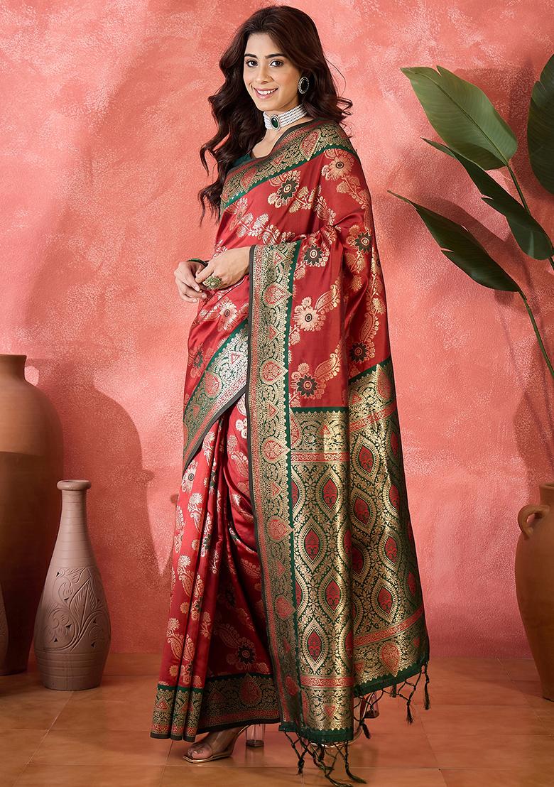 Maroon Embroidered Silk Saree Set - Indya