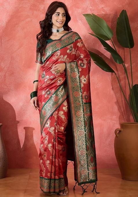 Maroon Embroidered Silk Saree Set