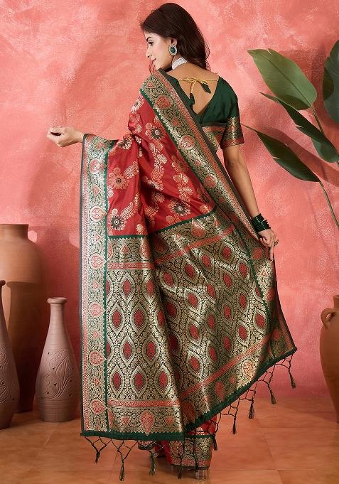 Maroon Embroidered Silk Saree Set