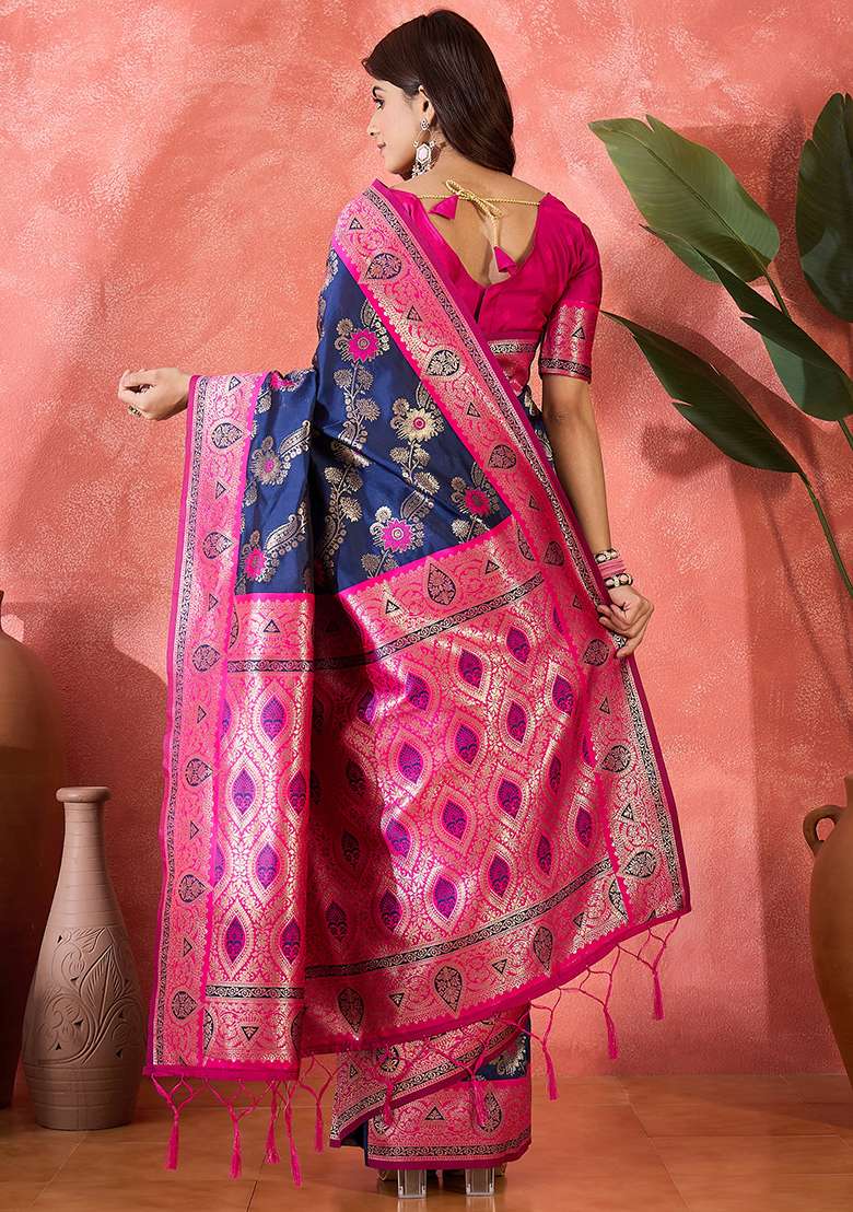 Blue Embroidered Silk Blend Saree Set - Indya