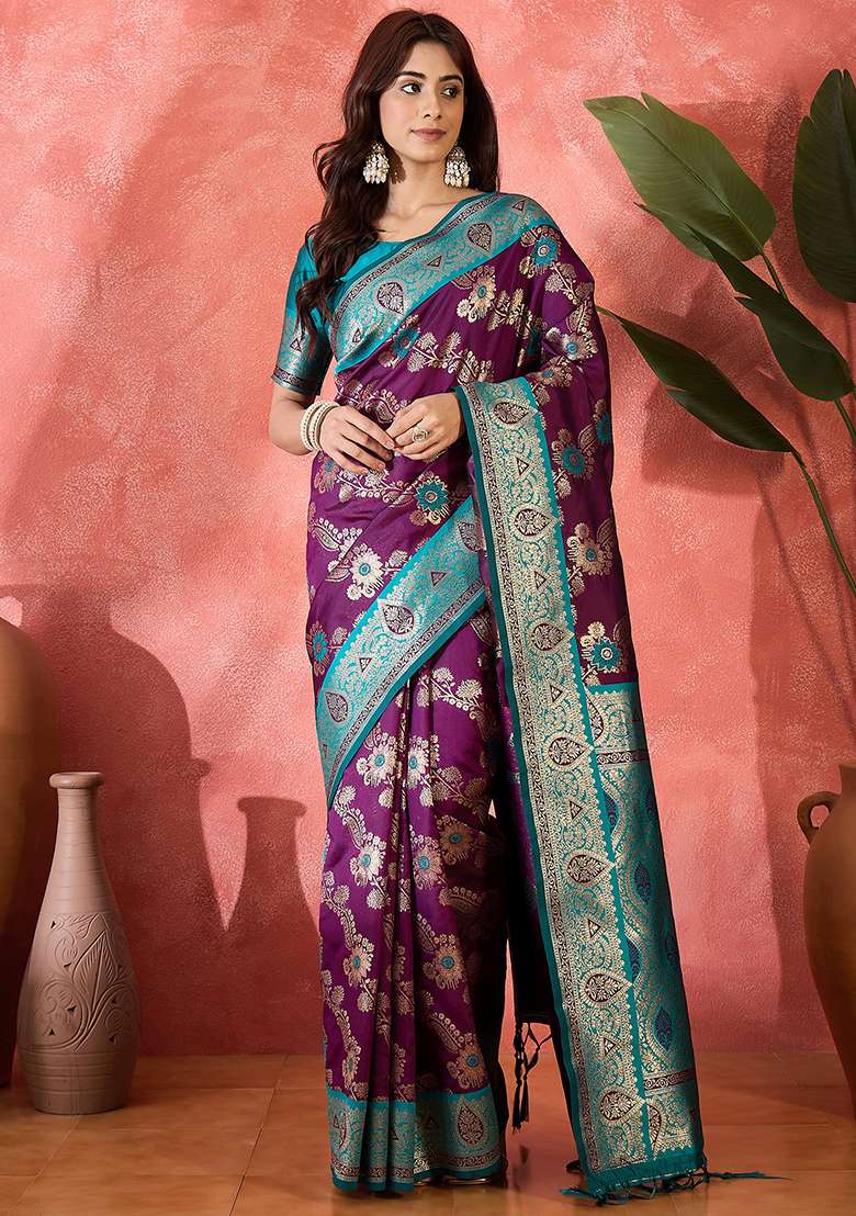 Purple Embroidered Silk Blend Saree Set - Indya