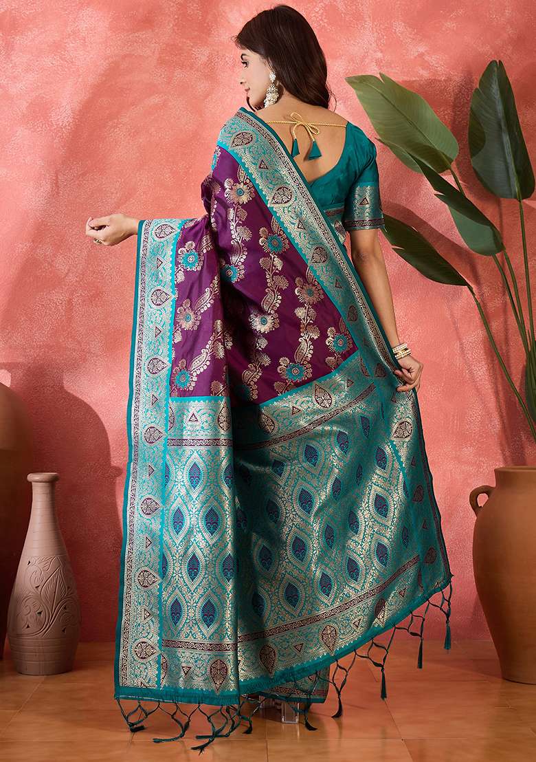 Purple Embroidered Silk Blend Saree Set - Indya