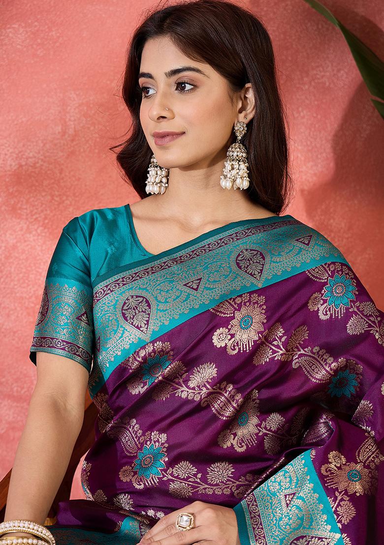Purple Embroidered Silk Saree Set - Indya