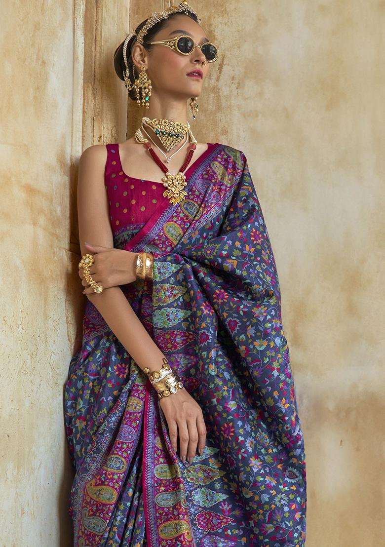 Blue Embroidered Silk Saree Set - Indya