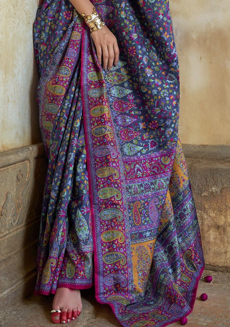 Blue Embroidered Silk Saree Set - Indya