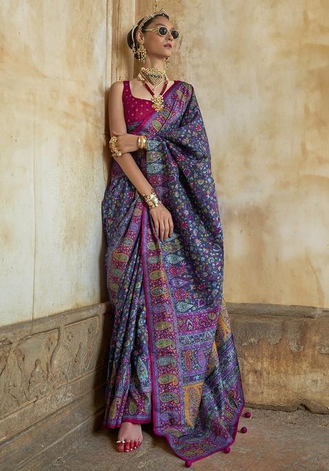 Blue Embroidered Silk Saree Set