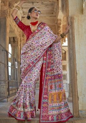 White Embroidered Silk Saree Set