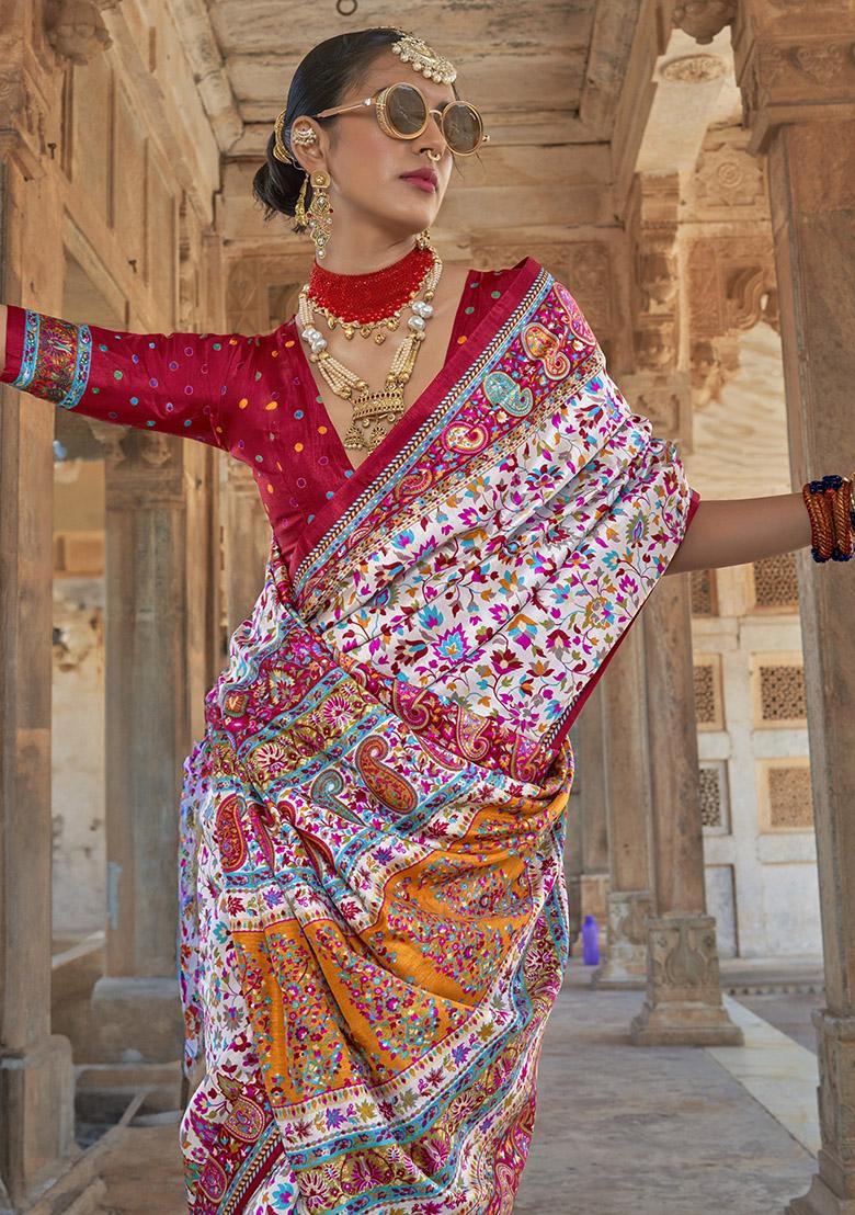 White Embroidered Silk Saree Set - Indya