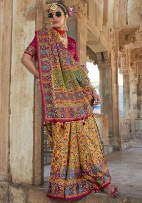 Yellow Embroidered Silk Saree Set