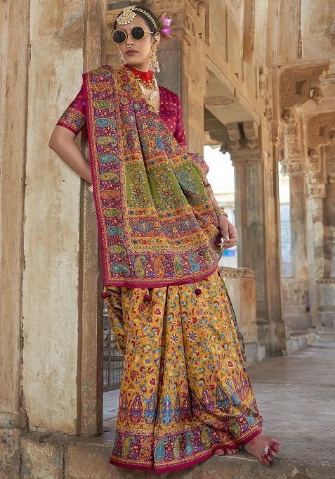 Yellow Embroidered Silk Saree Set