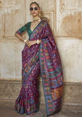 Purple Embroidered Silk Saree Set