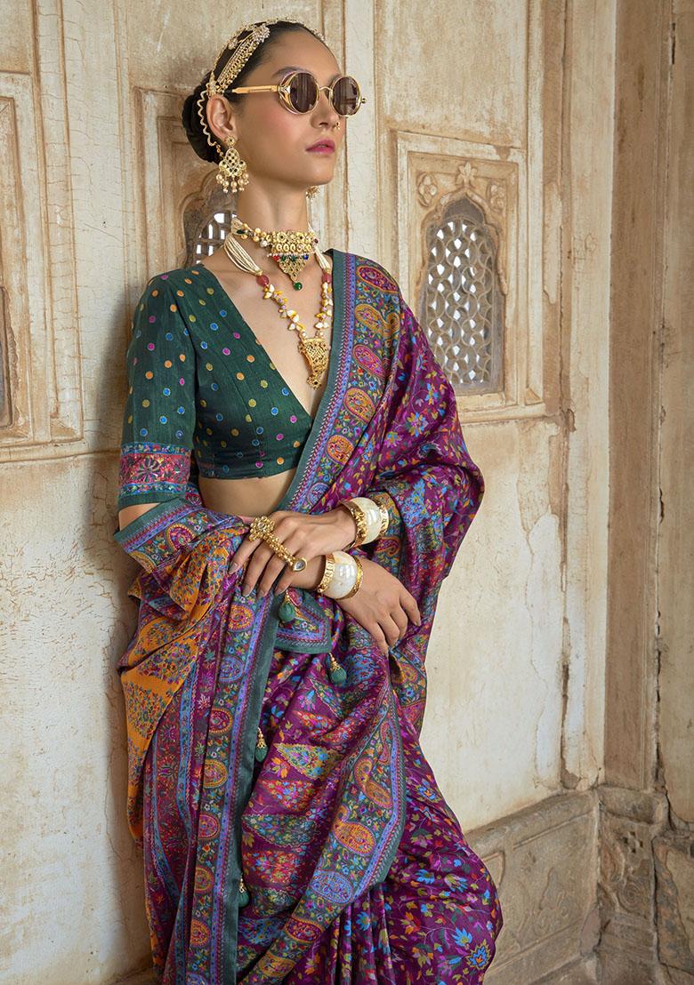 Purple Embroidered Silk Saree Set - Indya