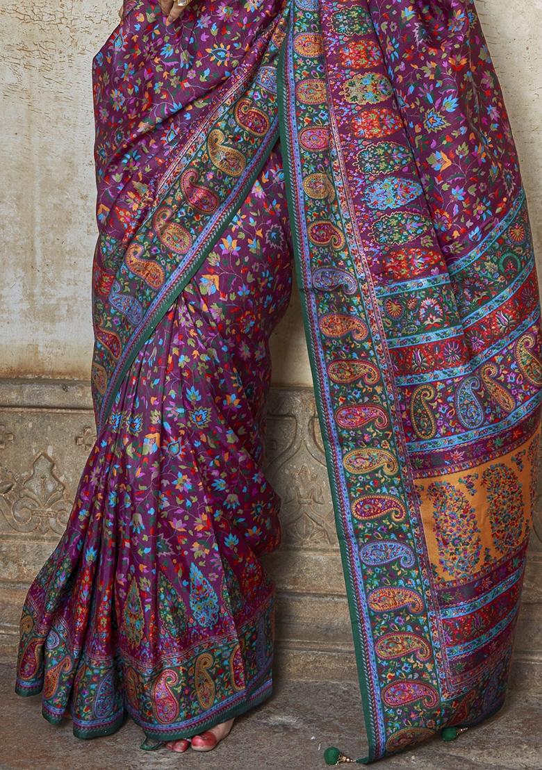 Purple Embroidered Silk Saree Set - Indya