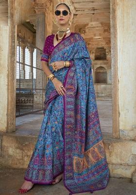 Blue Embroidered Silk Saree Set