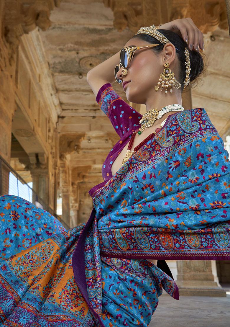 Blue Embroidered Silk Saree Set - Indya