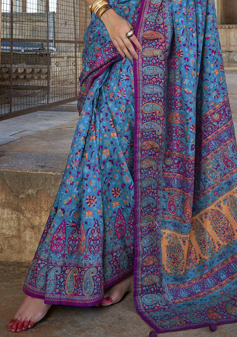 Blue Embroidered Silk Saree Set - Indya