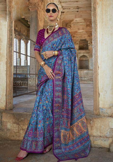Blue Embroidered Silk Saree Set