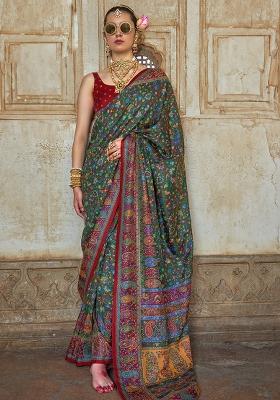 Green Embroidered Silk Saree Set