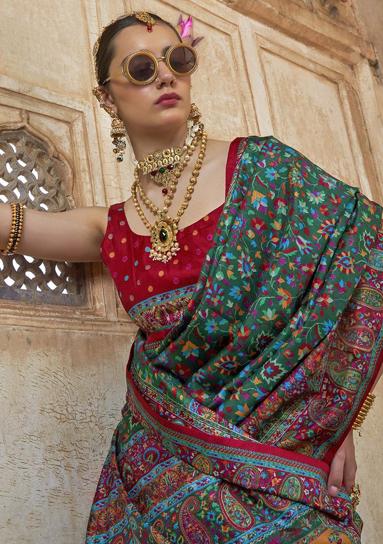 Green Embroidered Silk Saree Set - Indya