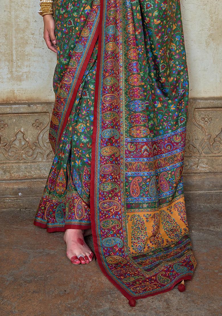 Green Embroidered Silk Saree Set - Indya