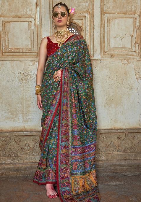 Green Embroidered Silk Saree Set