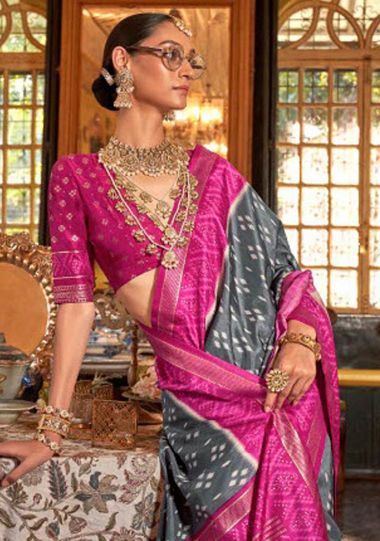 Grey Embroidered Silk Saree Set - Indya