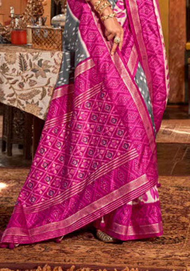 Grey Embroidered Silk Saree Set - Indya