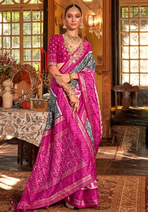 Grey Embroidered Silk Saree Set
